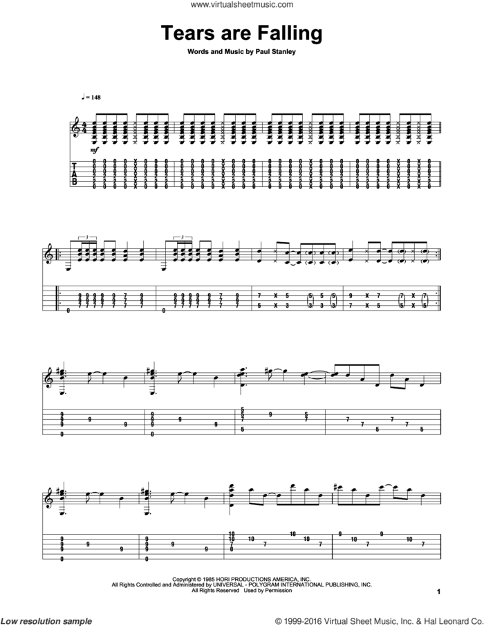 Tears Are Falling sheet music for guitar solo by KISS, Ben Woods and Paul Stanley, intermediate skill level