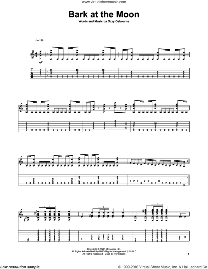 Bark At The Moon sheet music for guitar solo by Ozzy Osbourne and Ben Woods, intermediate skill level