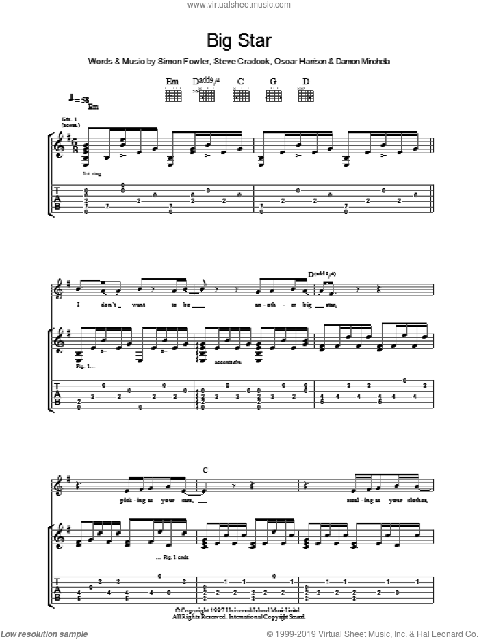 Big Star sheet music for guitar (tablature) by Ocean Colour Scene, Damon Minchella, Oscar Harrison, Simon Fowler and Steve Cradock, intermediate skill level