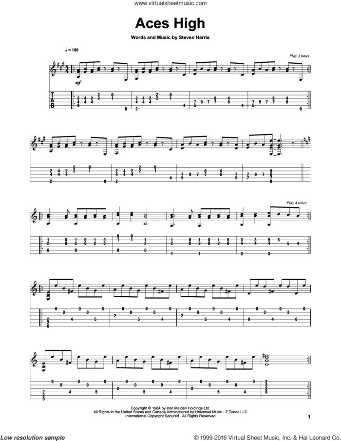 Aces High sheet music for guitar solo by Iron Maiden, Ben Woods and Steve Harris, intermediate skill level
