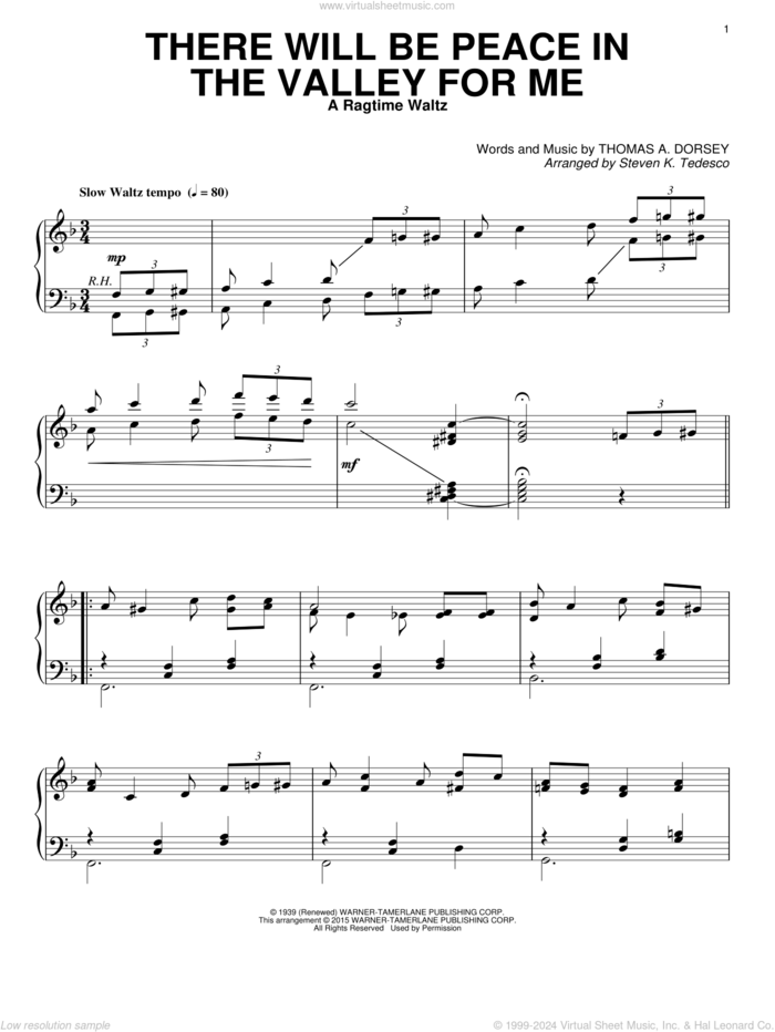 There Will Be Peace In The Valley For Me (arr. Steven K. Tedesco) [Ragtime version] sheet music for piano solo by Tommy Dorsey, Steven K. Tedesco and Elvis Presley, intermediate skill level