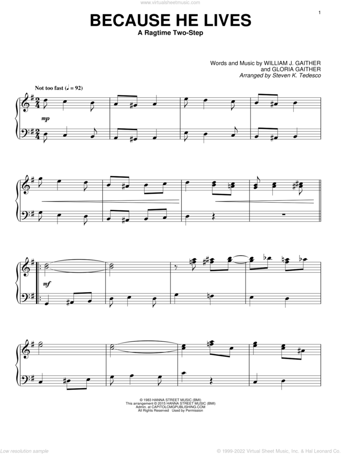 Because He Lives [Ragtime version] sheet music for piano solo by Gloria Gaither, Steven K. Tedesco and William J. Gaither, intermediate skill level
