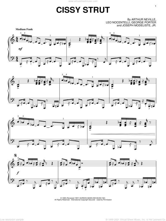 Cissy Strut sheet music for piano solo by The Meters, Arthur Neville, George Porter, Joseph Modeliste, Jr. and Leo Nocentelli, intermediate skill level