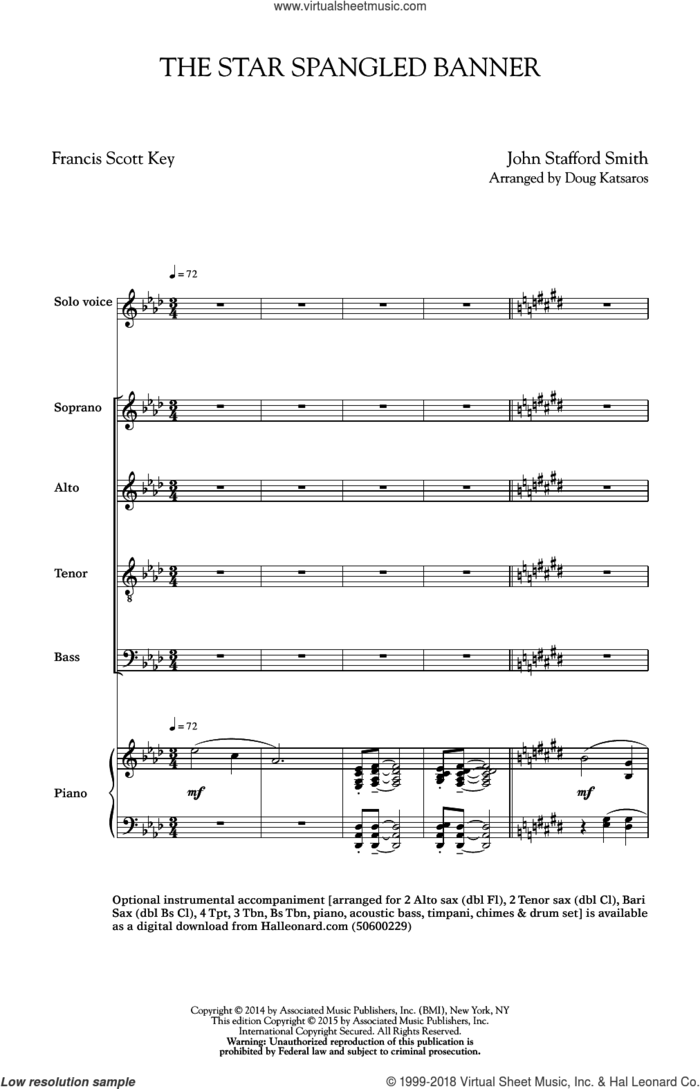 The Star Spangled Banner sheet music for choir (SATB: soprano, alto, tenor, bass) by John Stafford Smith, Doug Katsaros and Francis Scott Key, intermediate skill level