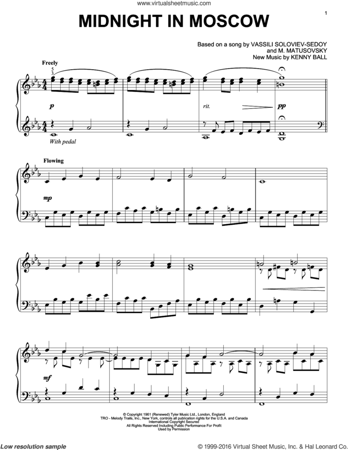 Midnight In Moscow, (intermediate) sheet music for piano solo by Kenny Ball, intermediate skill level