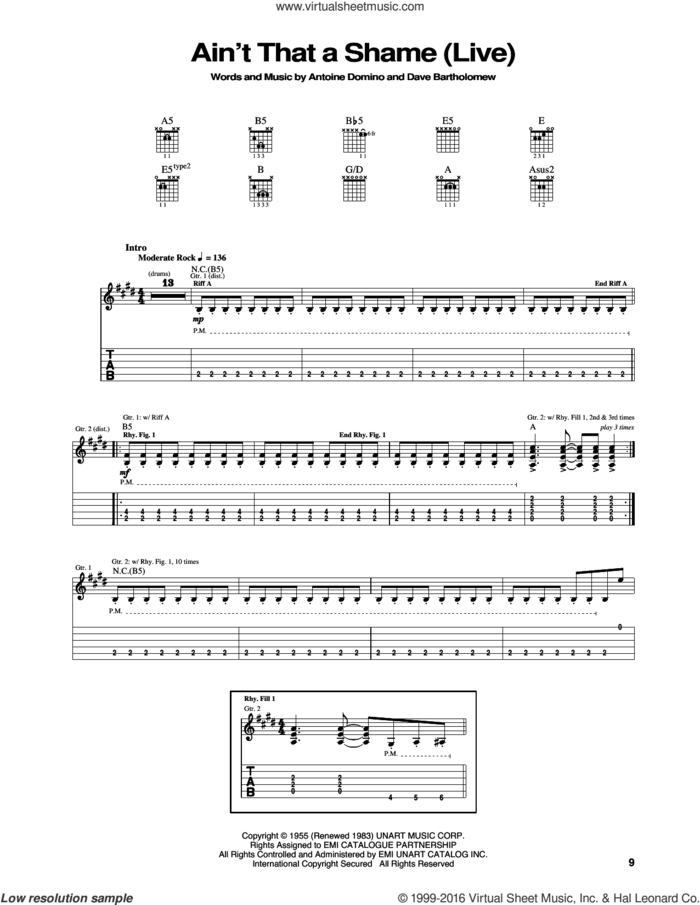 Ain't That A Shame sheet music for guitar (tablature) by Cheap Trick, Fats Domino, Antoine Domino and Dave Bartholomew, intermediate skill level