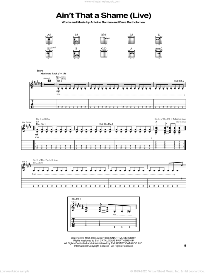 Ain't That A Shame sheet music for guitar (tablature) by Cheap Trick, Fats Domino, Antoine Domino and Dave Bartholomew, intermediate skill level