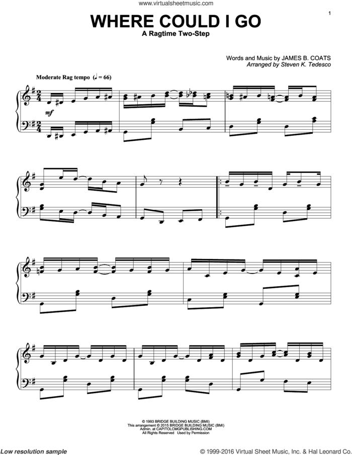 Where Could I Go [Ragtime version] sheet music for piano solo by Steven K. Tedesco, Elvis Presley and James B. Coats, intermediate skill level