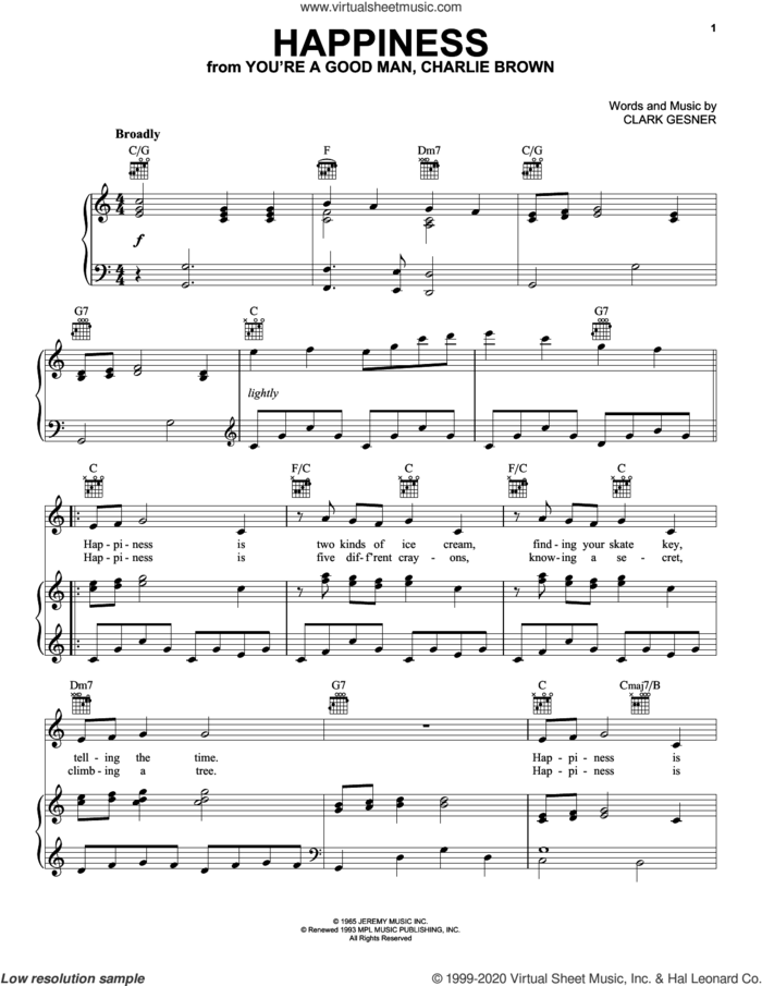 Happiness sheet music for voice, piano or guitar by Clark Gesner, intermediate skill level