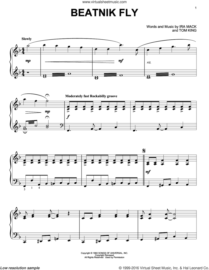 Beatnik Fly sheet music for piano solo by Johnny & The Hurricanes, Ira Mack and Tom King, intermediate skill level
