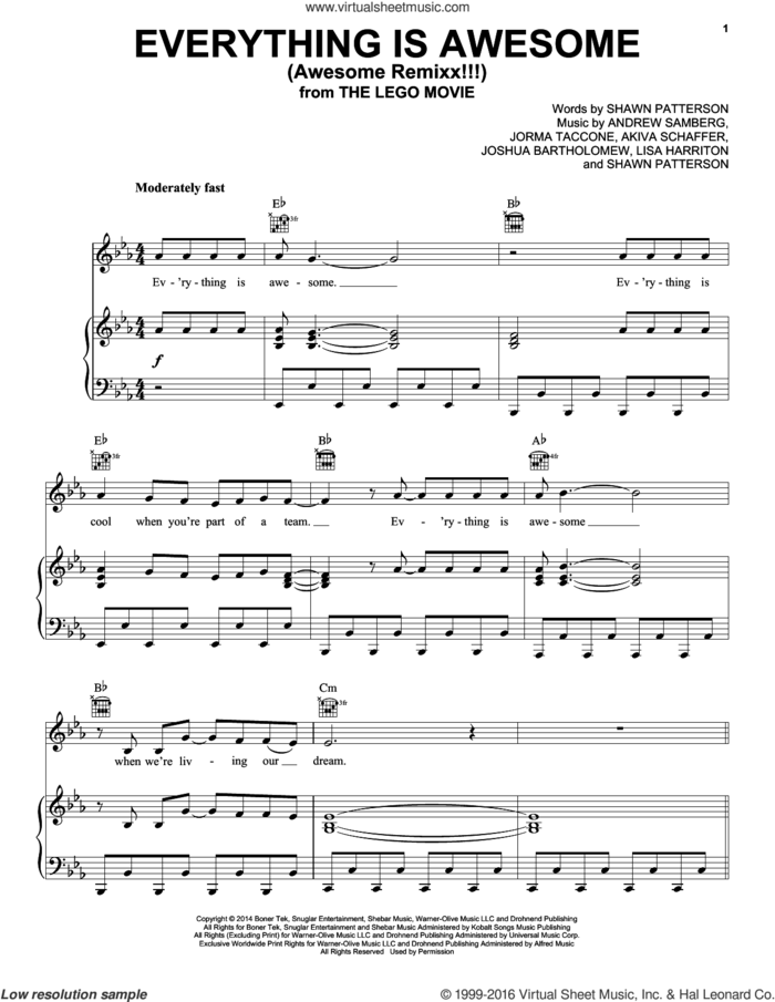 Everything Is Awesome (from The Lego Movie) (feat. The Lonely Island) sheet music for voice, piano or guitar by Joshua Bartholomew, Tegan and Sara, Akiva Schaffer, Andrew Samberg, Jorma Taccone, Lisa Harriton and Shawn Patterson, intermediate skill level