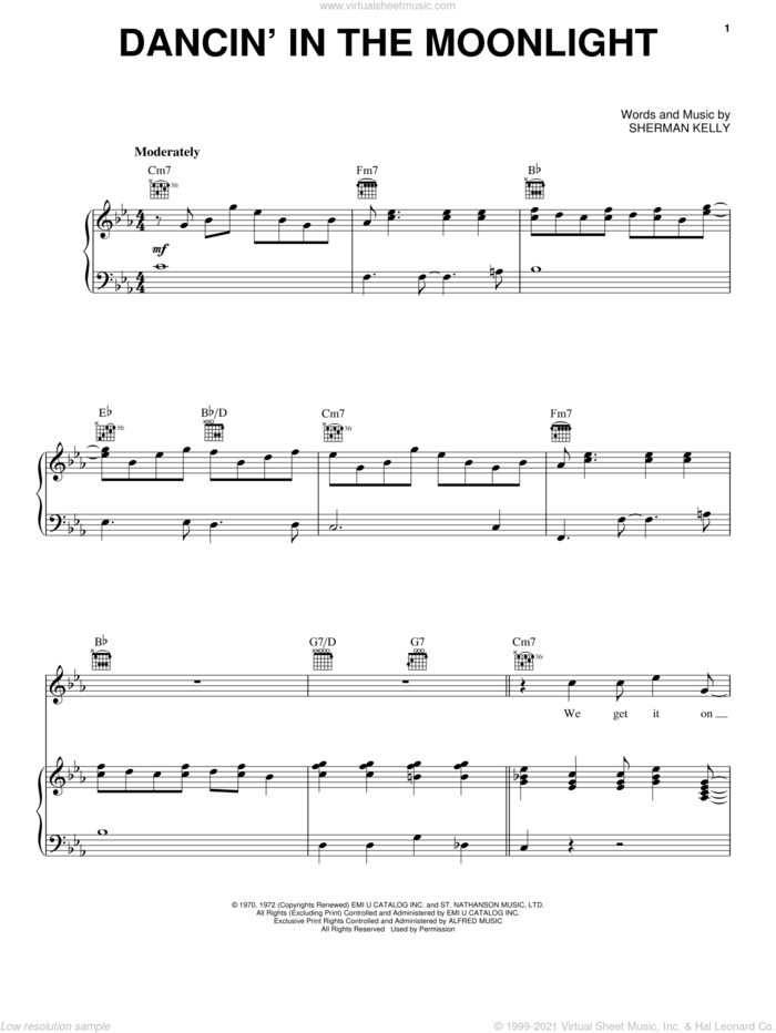 Dancin' In The Moonlight sheet music for voice, piano or guitar by King Harvest and Sherman Kelly, intermediate skill level