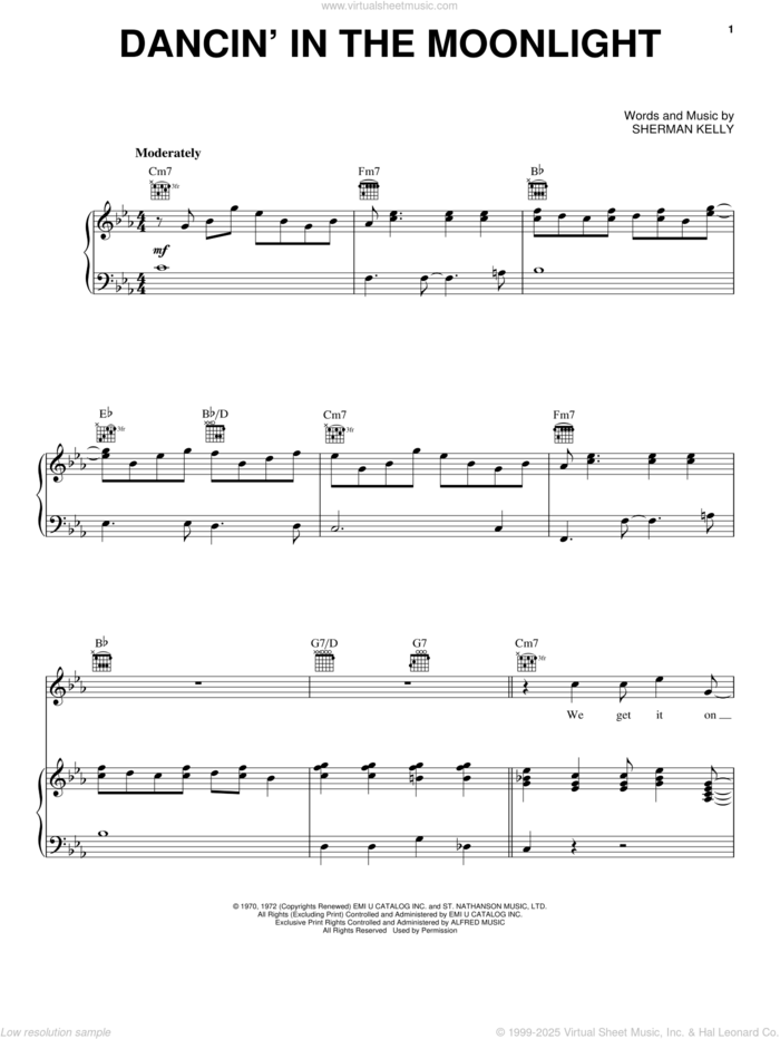 Dancin' In The Moonlight sheet music for voice, piano or guitar by King Harvest and Sherman Kelly, intermediate skill level