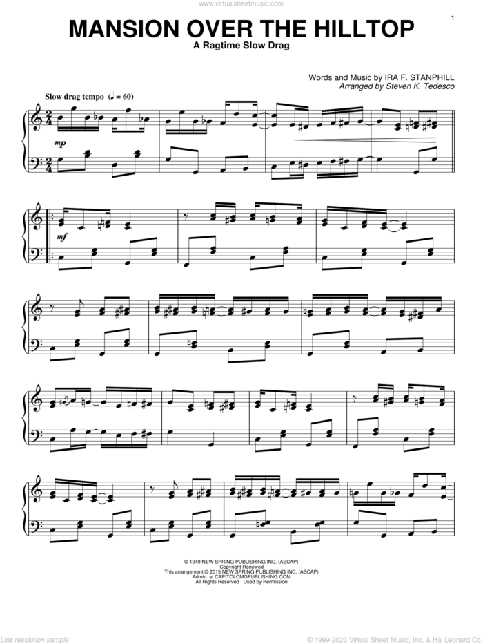 Mansion Over The Hilltop [Ragtime version] sheet music for piano solo by Ira F. Stanphill and Steven K. Tedesco, intermediate skill level