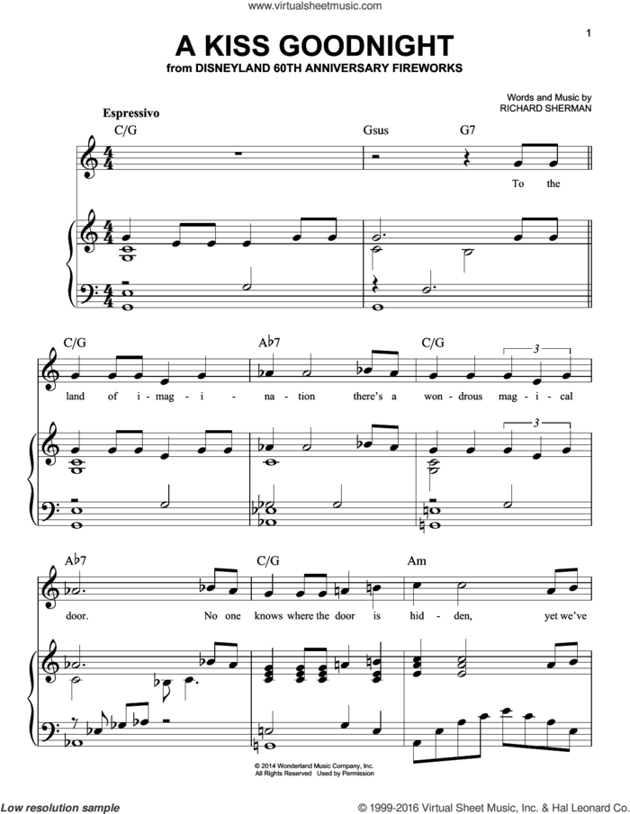 A Kiss Goodnight sheet music for piano solo by Richard M. Sherman, easy skill level