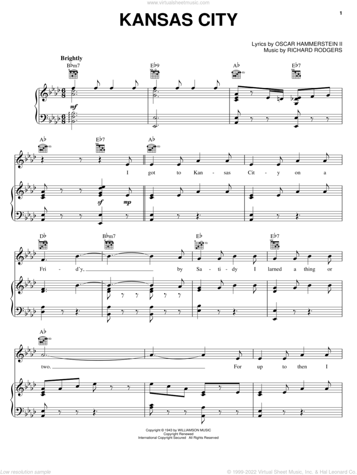 Kansas City (from Oklahoma!) sheet music for voice, piano or guitar by Rodgers & Hammerstein, Hammerstein, Rodgers &, Oscar II Hammerstein and Richard Rodgers, intermediate skill level