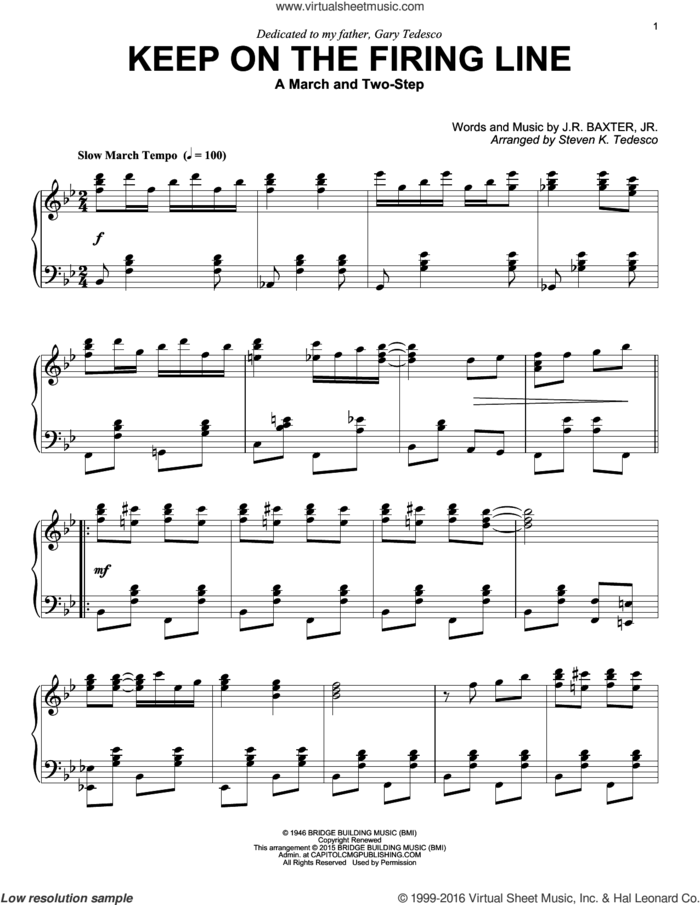 Keep On The Firing Line sheet music for piano solo by Steven K. Tedesco and J.R. Baxter Jr., intermediate skill level