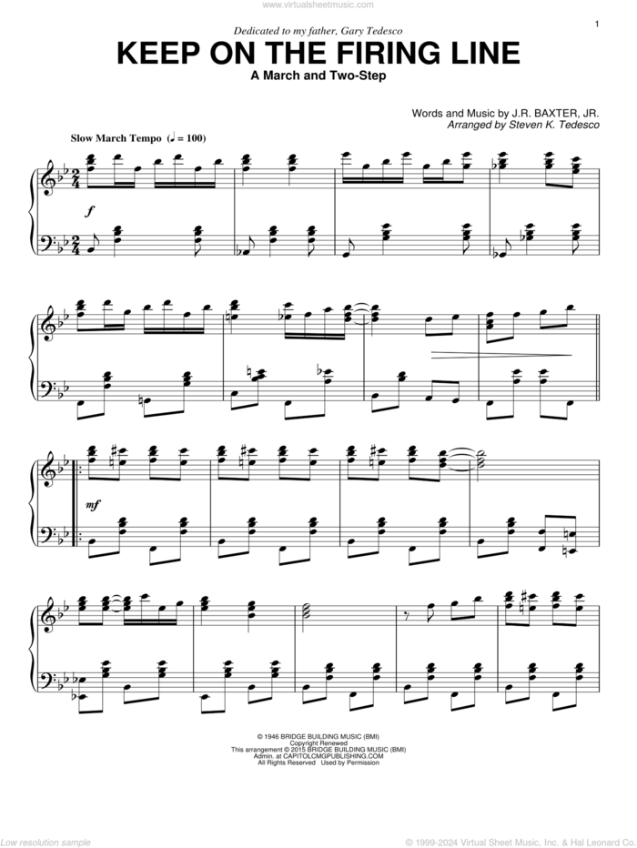 Keep On The Firing Line sheet music for piano solo by Steven K. Tedesco and J.R. Baxter Jr., intermediate skill level