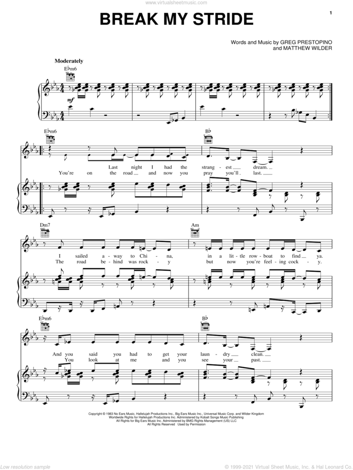 Break My Stride sheet music for voice, piano or guitar by Matthew Wilder and Greg Prestopino, intermediate skill level