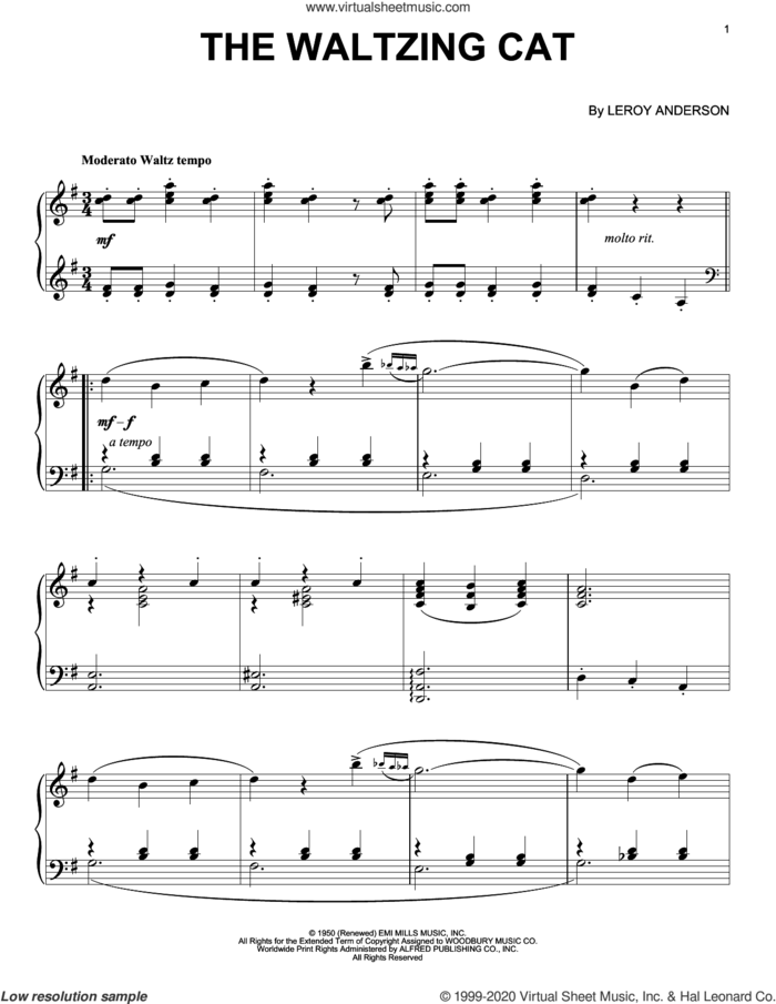 The Waltzing Cat sheet music for piano solo by Leroy Anderson and Mitchell Parish, classical score, intermediate skill level