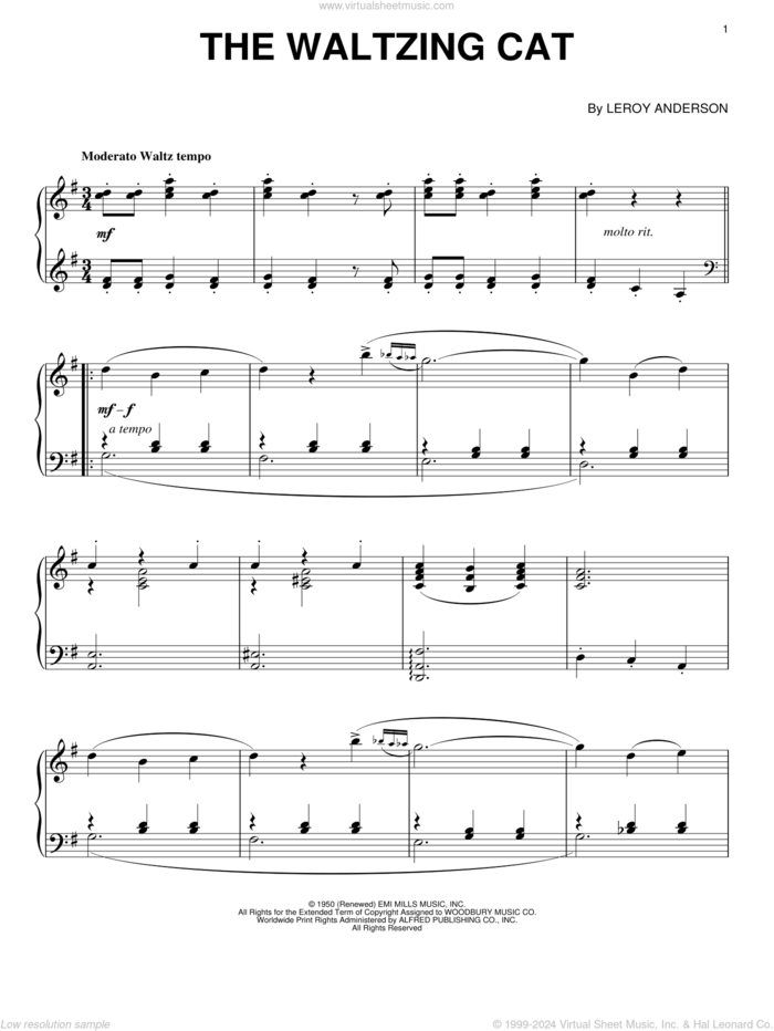 The Waltzing Cat sheet music for piano solo by Leroy Anderson and Mitchell Parish, classical score, intermediate skill level