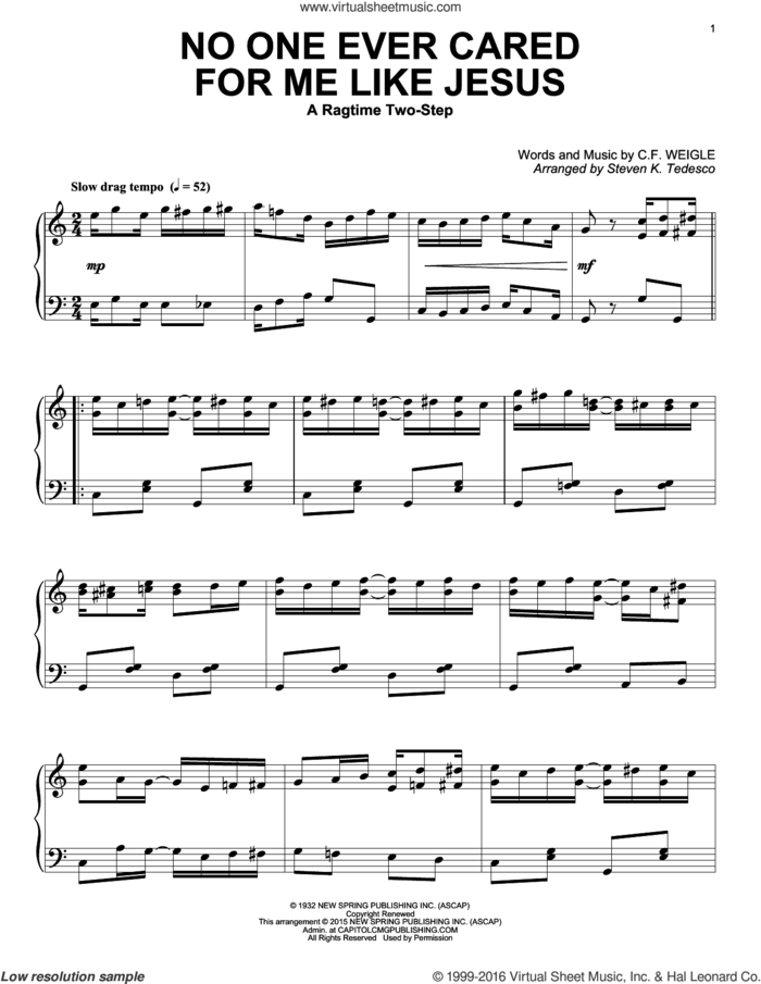 No One Ever Cared For Me Like Jesus sheet music for piano solo by Steven K. Tedesco and C.F. Weigle, intermediate skill level
