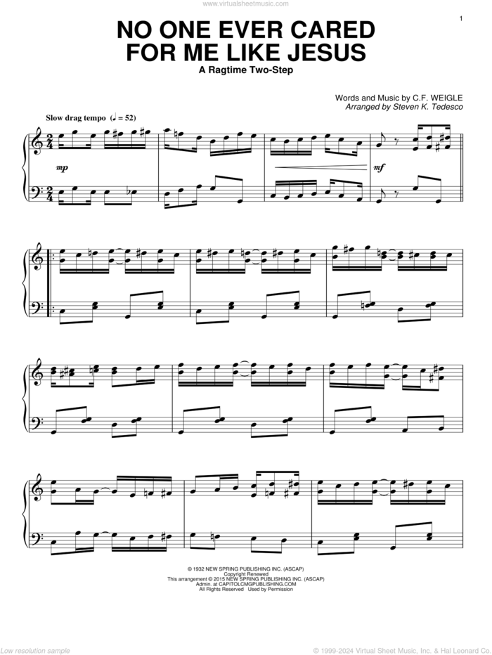 No One Ever Cared For Me Like Jesus sheet music for piano solo by Steven K. Tedesco and C.F. Weigle, intermediate skill level