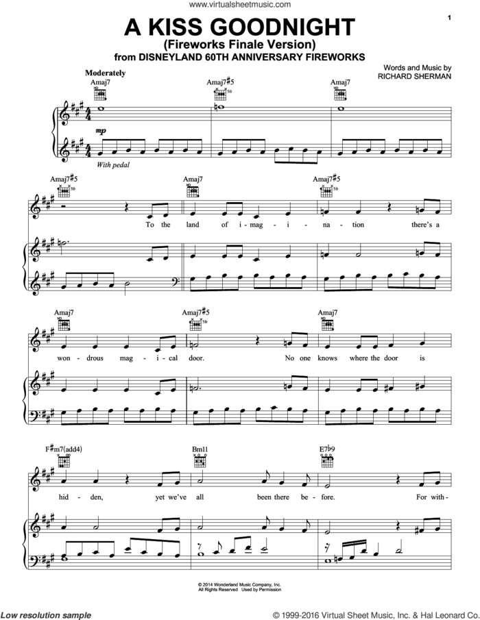 A Kiss Goodnight sheet music for voice, piano or guitar by Richard M. Sherman, intermediate skill level