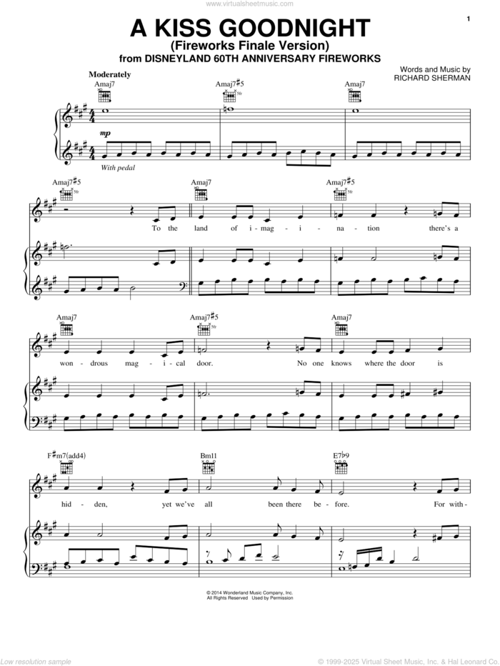 A Kiss Goodnight sheet music for voice, piano or guitar by Richard M. Sherman, intermediate skill level