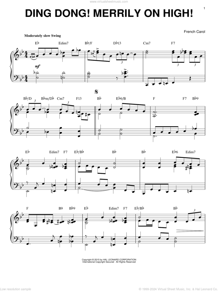 Ding Dong! Merrily On High! [Jazz version] (arr. Brent Edstrom) sheet music for piano solo, intermediate skill level