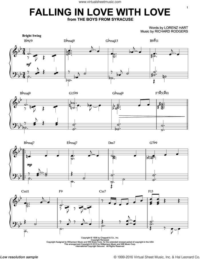Falling In Love With Love [Jazz version] (arr. Brent Edstrom) sheet music for piano solo by Rodgers & Hart, Lorenz Hart and Richard Rodgers, intermediate skill level
