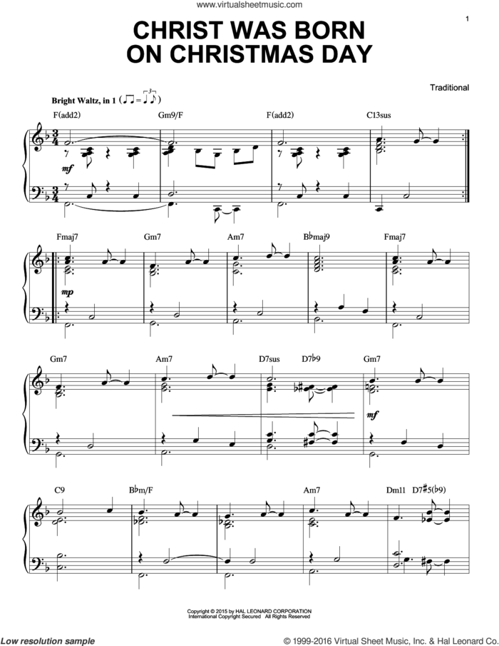 Christ Was Born On Christmas Day [Jazz version] (arr. Brent Edstrom) sheet music for piano solo, intermediate skill level