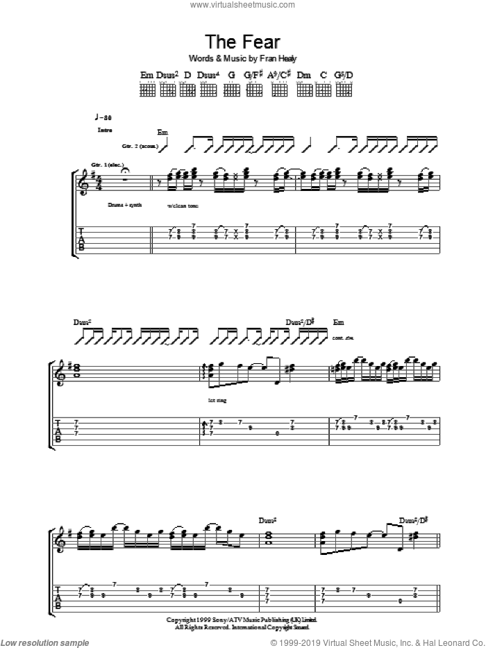 The Fear sheet music for guitar (tablature) by Merle Travis and Fran Healy, intermediate skill level