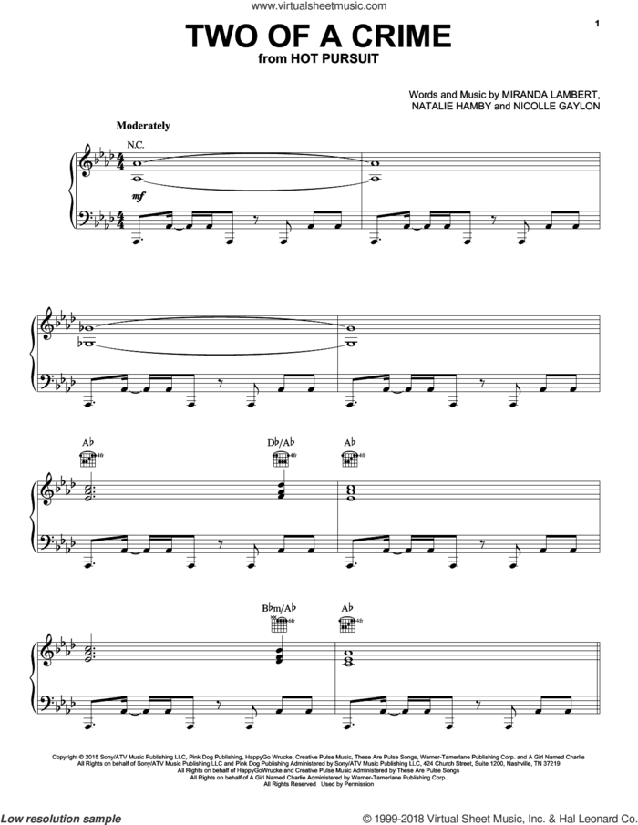Two Of A Crime sheet music for voice, piano or guitar by Miranda Lambert, Natalie Hemby and Nicolle Gaylon, intermediate skill level