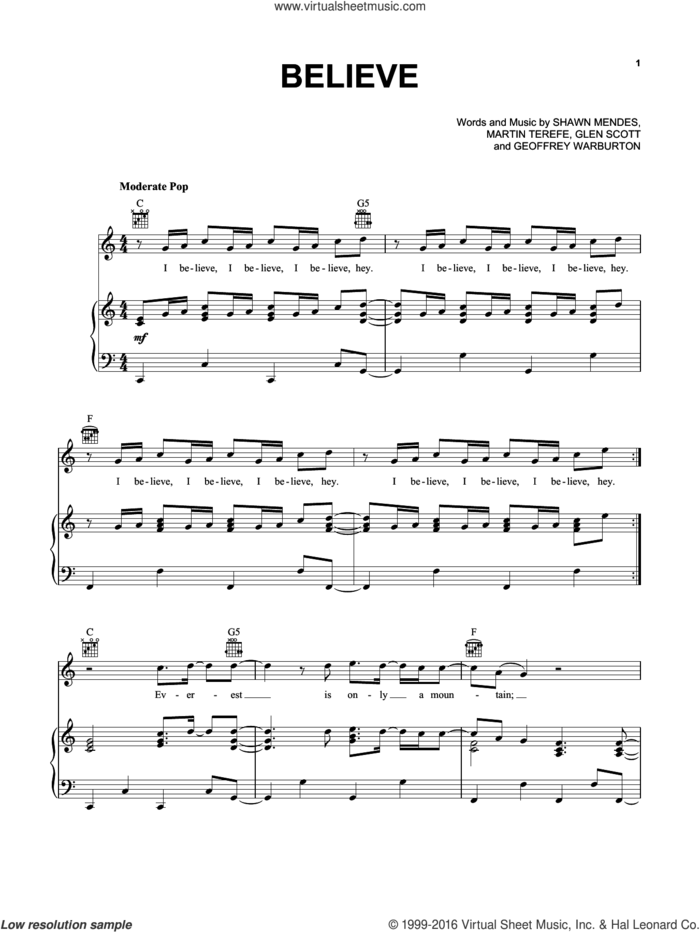 Believe (from Disney's Descendants) sheet music for voice, piano or guitar by Shawn Mendes, Geoffrey Warburton, Glen Scott and Martin Terefe, intermediate skill level