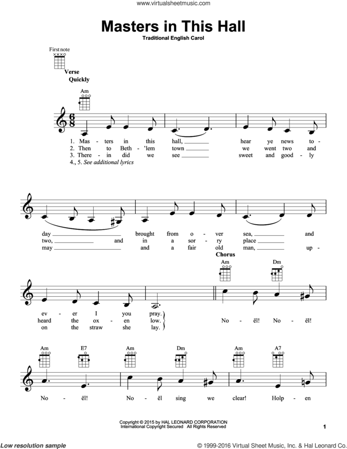 Masters In This Hall sheet music for ukulele, intermediate skill level