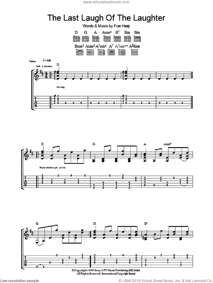 The Last Laugh Of The Laughter sheet music for guitar (tablature) by Merle Travis and Fran Healy, intermediate skill level