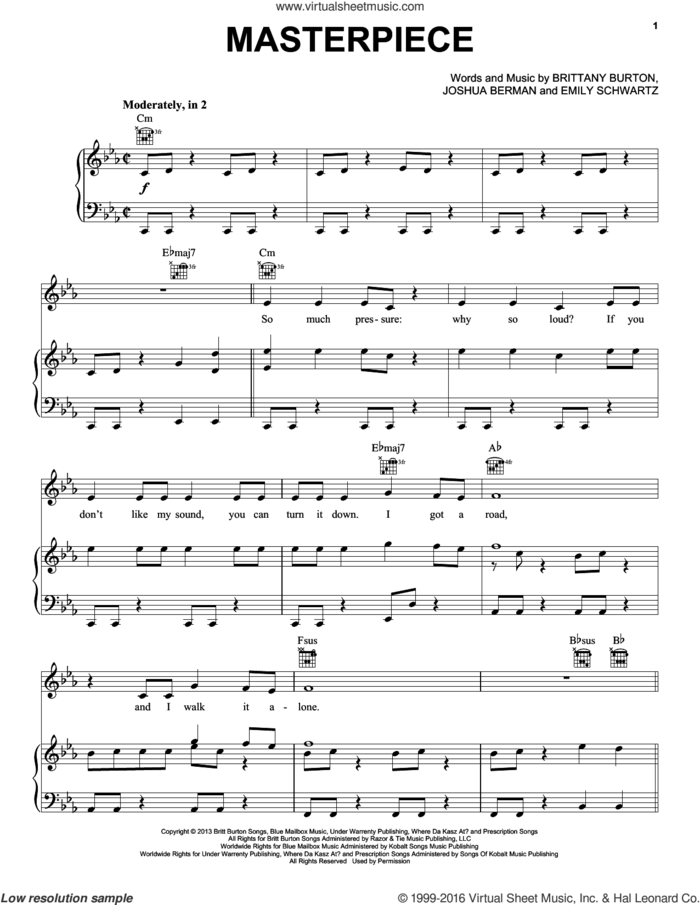 Masterpiece sheet music for voice, piano or guitar by Jessie J, Brittany Burton, Emily Schwartz and Joshua Berman, intermediate skill level