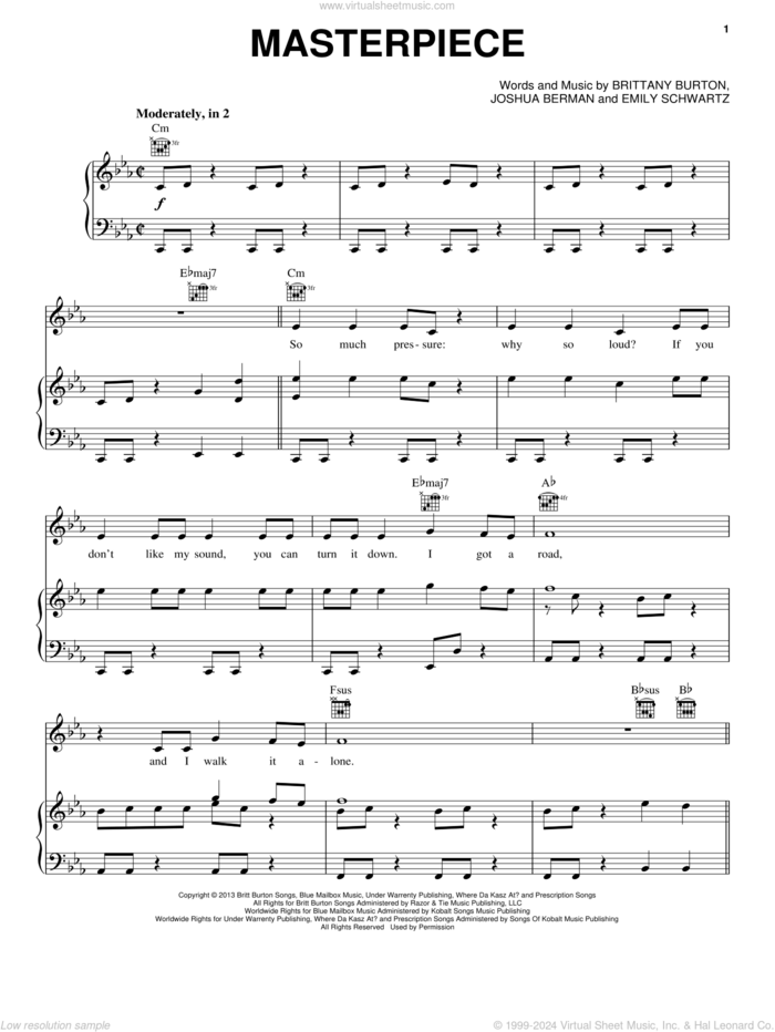 Masterpiece sheet music for voice, piano or guitar by Jessie J, Brittany Burton, Emily Schwartz and Joshua Berman, intermediate skill level