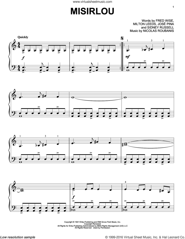 Misirlou sheet music for piano solo by Milton Leeds, Dick Dale, Miscellaneous, Fred Wise, Jose Pina, Nicolas Roubanis and Sidney Russell, intermediate skill level