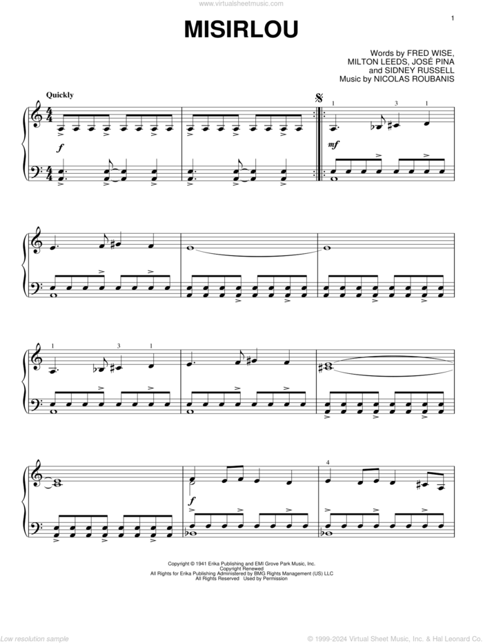 Misirlou sheet music for piano solo by Milton Leeds, Dick Dale, Miscellaneous, Fred Wise, Jose Pina, Nicolas Roubanis and Sidney Russell, intermediate skill level