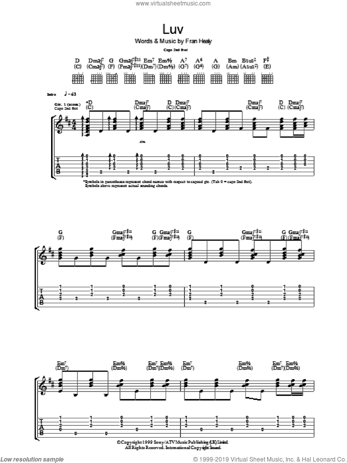 Luv sheet music for guitar (tablature) by Merle Travis, Adam Seymour and Fran Healy, intermediate skill level