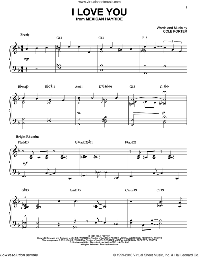I Love You [Jazz version] (arr. Brent Edstrom) sheet music for piano solo by Cole Porter, intermediate skill level