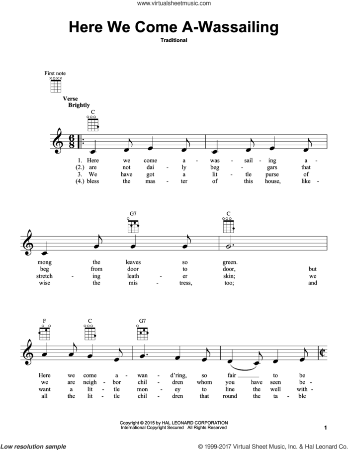 Here We Come A-Wassailing sheet music for ukulele, intermediate skill level