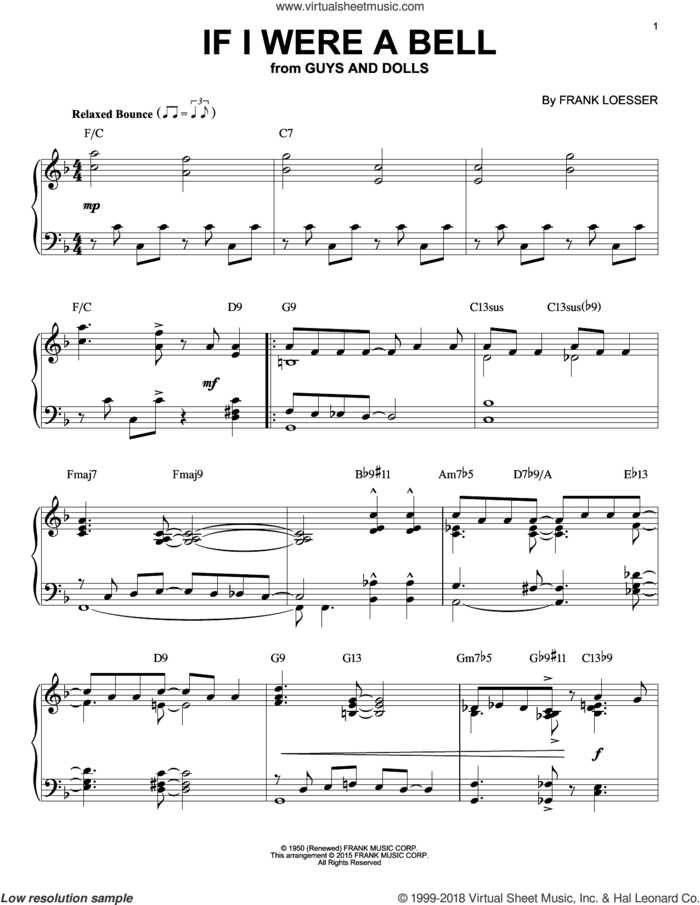 If I Were A Bell [Jazz version] (arr. Brent Edstrom) sheet music for piano solo by Frank Loesser, intermediate skill level