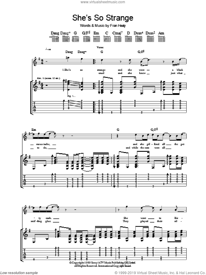 She's So Strange sheet music for guitar (tablature) by Merle Travis and Fran Healy, intermediate skill level
