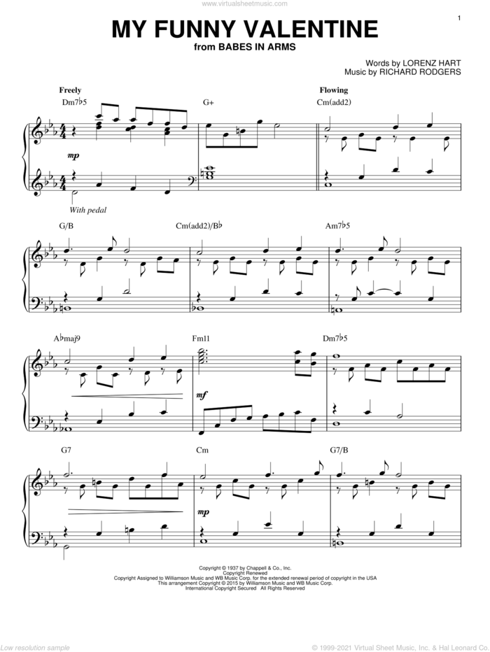 My Funny Valentine [Jazz version] (arr. Brent Edstrom) sheet music for piano solo by Rodgers & Hart, Lorenz Hart and Richard Rodgers, intermediate skill level