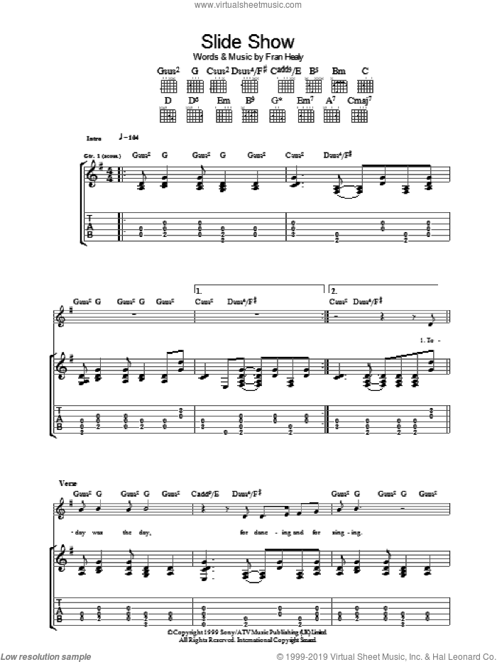 Slide Show sheet music for guitar (tablature) by Merle Travis and Fran Healy, intermediate skill level