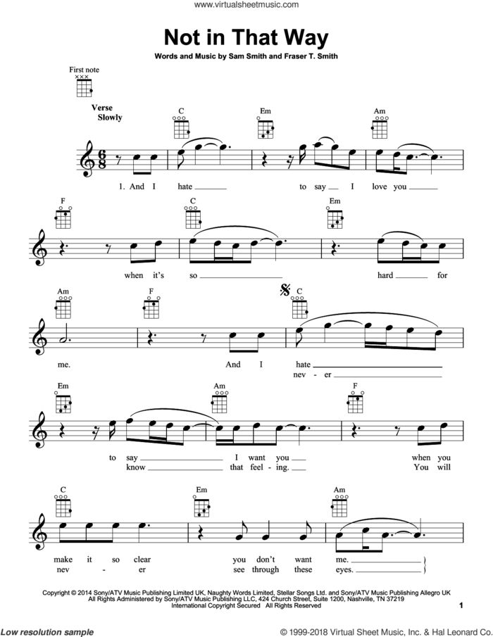 Not In That Way sheet music for ukulele by Sam Smith and Fraser T. Smith, intermediate skill level