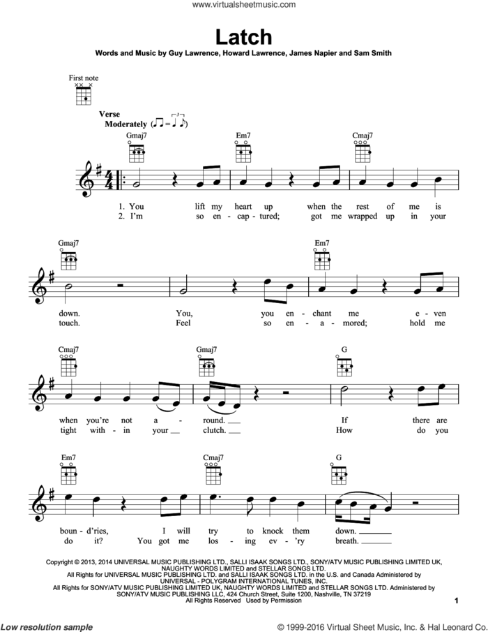 Latch sheet music for ukulele by Disclosure feat. Sam Smith, Guy Lawrence, Howard Lawrence, James Napier and Sam Smith, wedding score, intermediate skill level